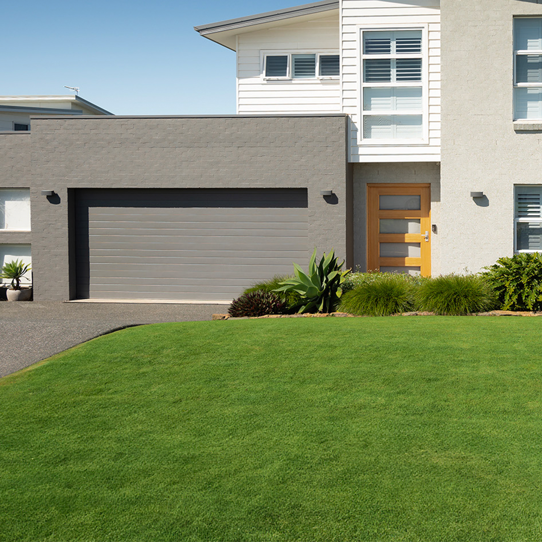 A modern house with a spacious lawn featuring TifTuf Bermuda Grass and a garage.